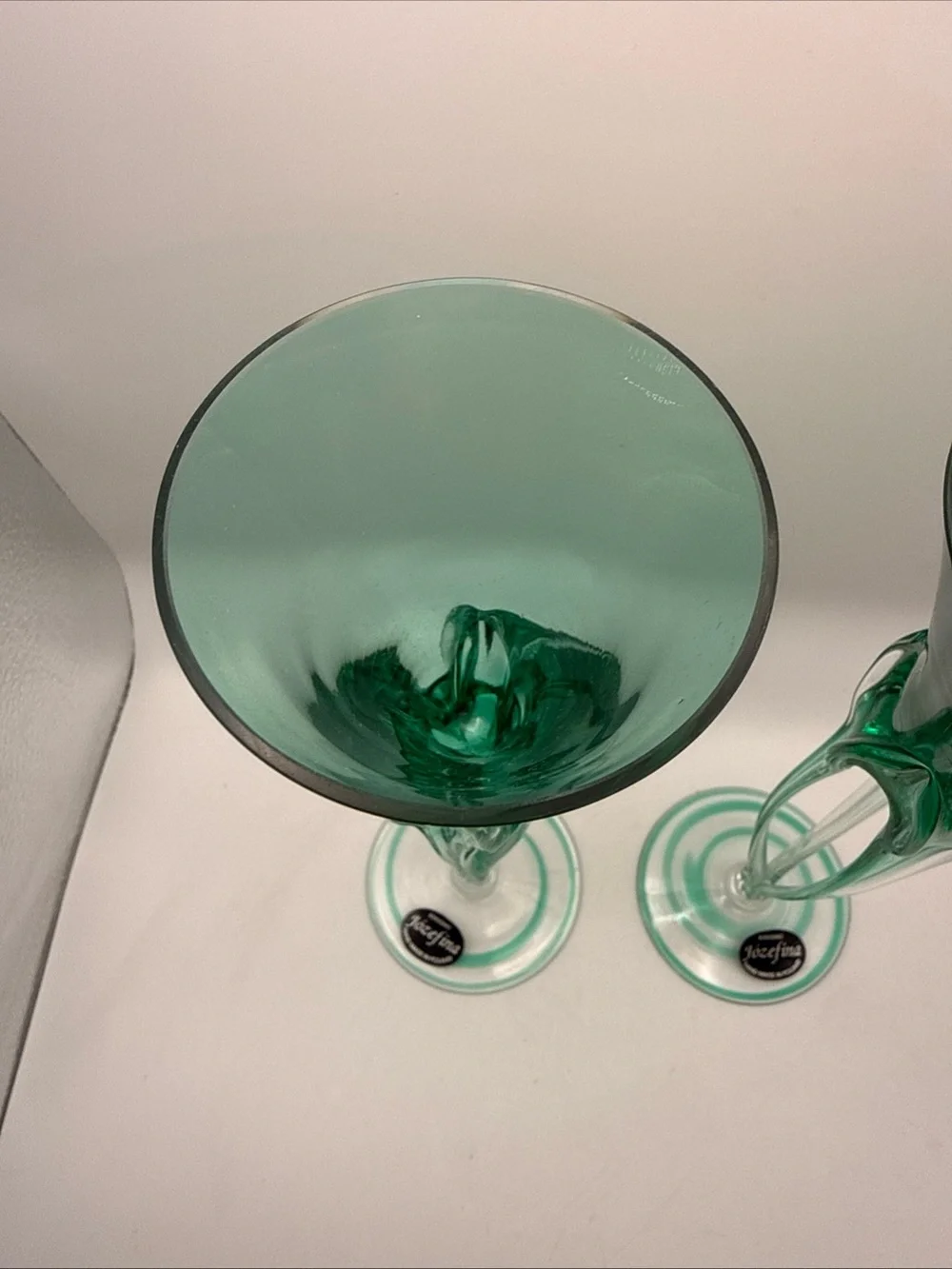 Vintage Set of 2 Green Jozefina Krosno Art Glass Taper Candleholders Hand-Blown